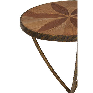 Brown Two Tone Elm Wood Small Side Table With Antique Brass Iron Legs, Elmo