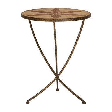 Brown Two Tone Elm Wood Large Side Table With Antique Brass Iron Legs, Elmo
