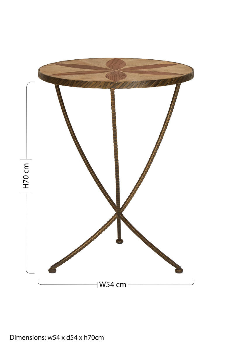 Brown Two Tone Elm Wood Large Side Table With Antique Brass Iron Legs, Elmo
