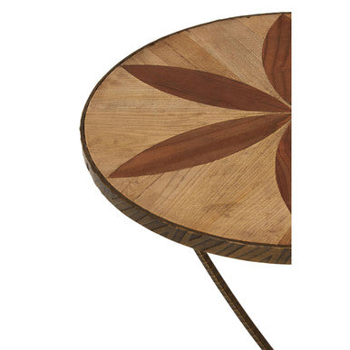 Brown Two Tone Elm Wood Large Side Table With Antique Brass Iron Legs, Elmo