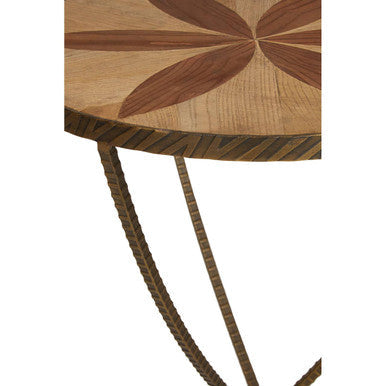 Brown Two Tone Elm Wood Large Side Table With Antique Brass Iron Legs, Elmo