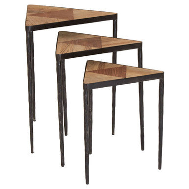 Black & Brown Elm Wood Set Of 3 Triangular Nesting Tables With Black Iron Legs, Elmo