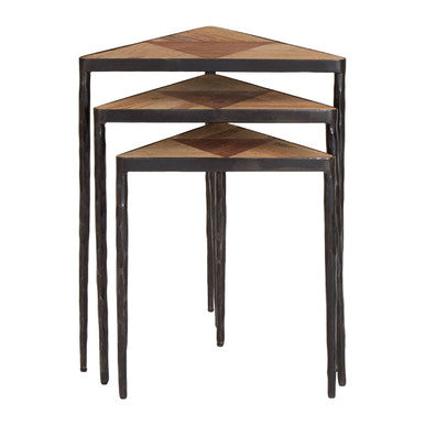 Black & Brown Elm Wood Set Of 3 Triangular Nesting Tables With Black Iron Legs, Elmo