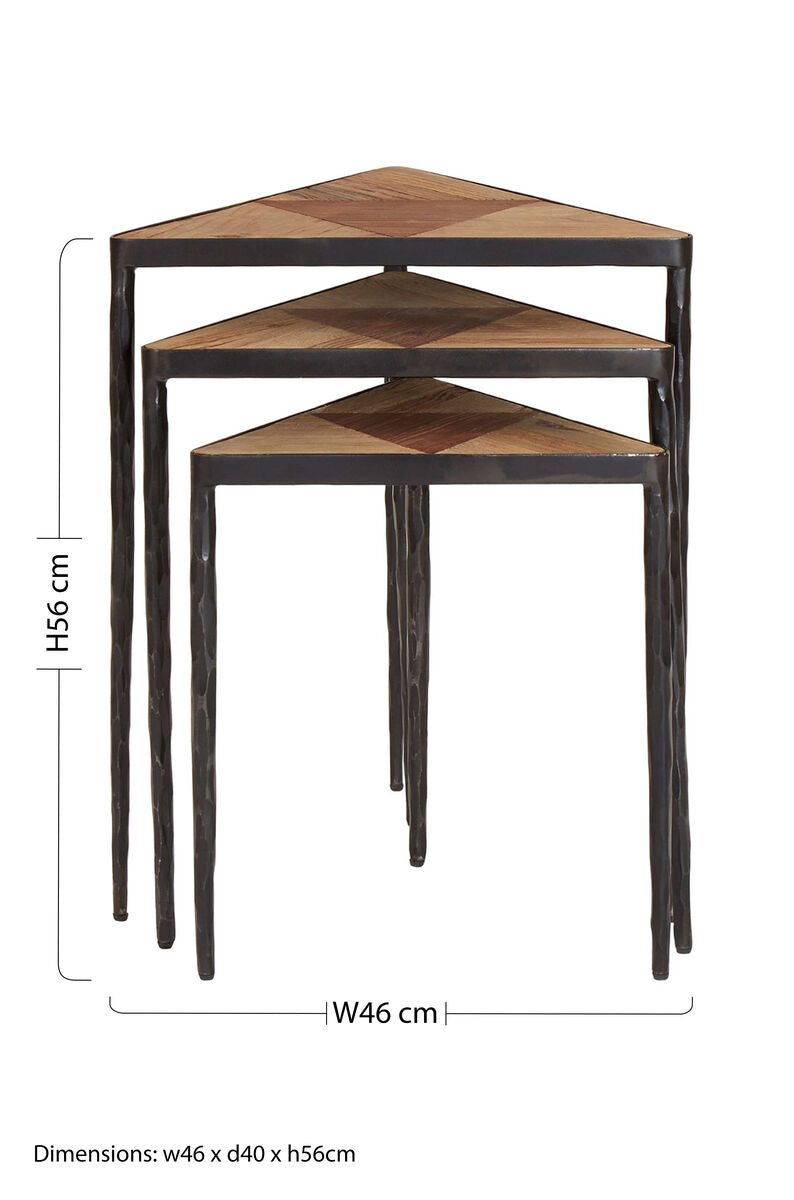 Black & Brown Elm Wood Set Of 3 Triangular Nesting Tables With Black Iron Legs, Elmo