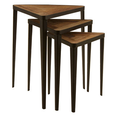Black & Brown Carved Elm Wood Set Of 3 Triangular Tables With Black Iron Legs, Elmo