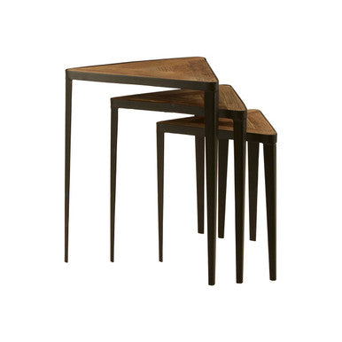 Black & Brown Carved Elm Wood Set Of 3 Triangular Tables With Black Iron Legs, Elmo