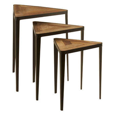 Black & Brown Carved Elm Wood Set Of 3 Triangular Tables With Black Iron Legs, Elmo