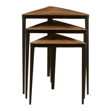 Black & Brown Carved Elm Wood Set Of 3 Triangular Tables With Black Iron Legs, Elmo