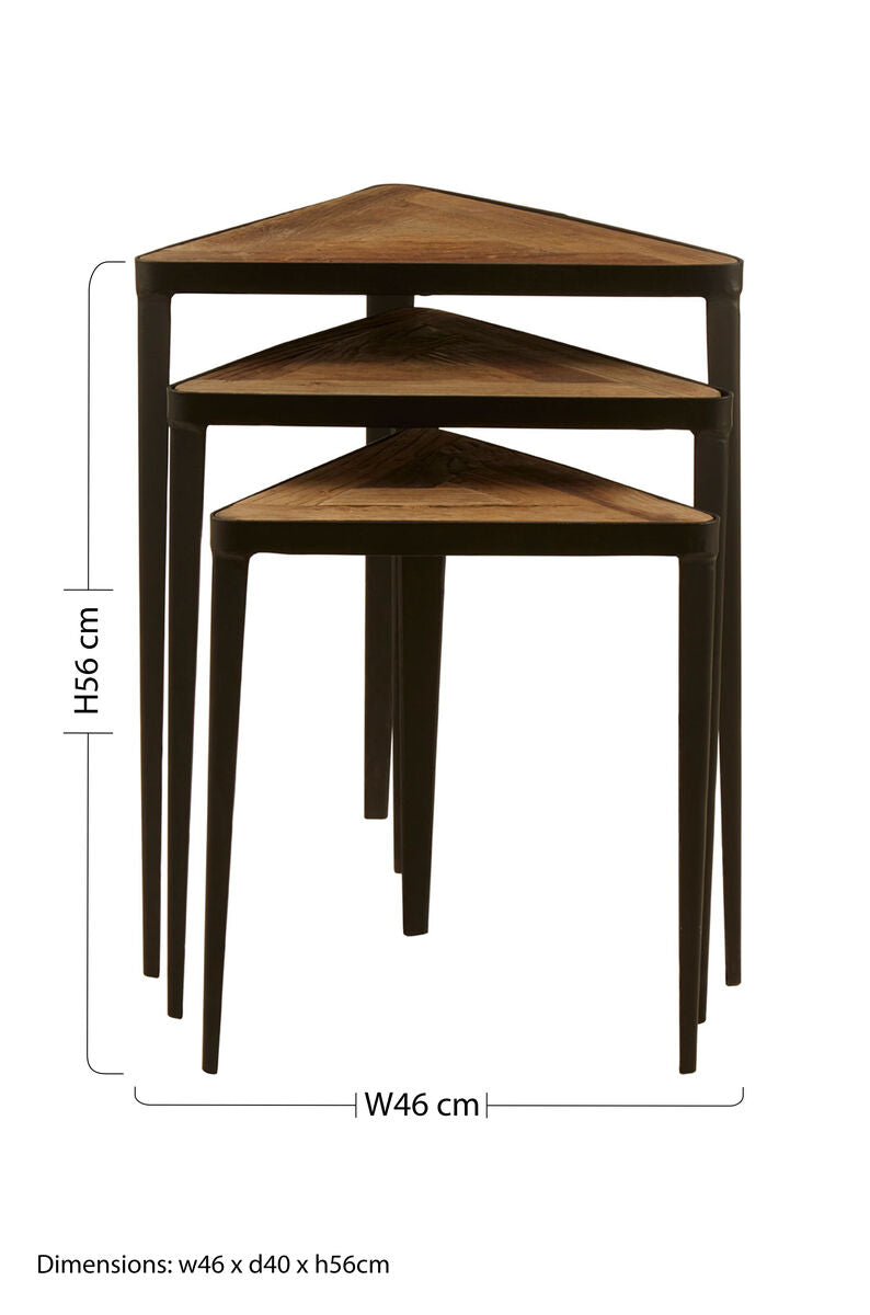 Black & Brown Carved Elm Wood Set Of 3 Triangular Tables With Black Iron Legs, Elmo