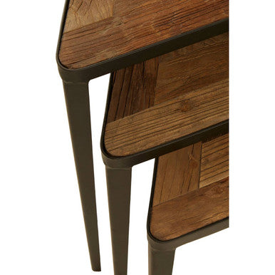 Black & Brown Carved Elm Wood Set Of 3 Triangular Tables With Black Iron Legs, Elmo