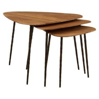 Black & Brown Elm Wood Top Nest Of 3 Triangular Tables With Black Iron Legs, Elmo
