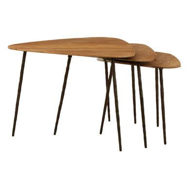 Black & Brown Elm Wood Top Nest Of 3 Triangular Tables With Black Iron Legs, Elmo