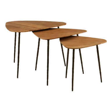 Black & Brown Elm Wood Top Nest Of 3 Triangular Tables With Black Iron Legs, Elmo