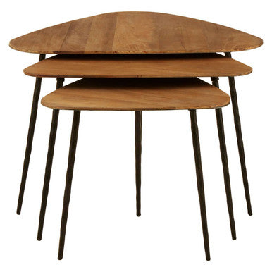 Black & Brown Elm Wood Top Nest Of 3 Triangular Tables With Black Iron Legs, Elmo