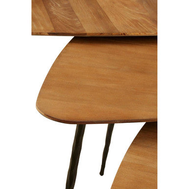Black & Brown Elm Wood Top Nest Of 3 Triangular Tables With Black Iron Legs, Elmo