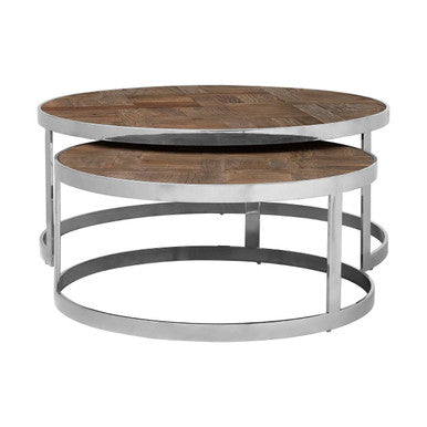 Brown Parquet Elm Wood Top Nest Of 2 Tables With Stainless Steel Frames, Mitra