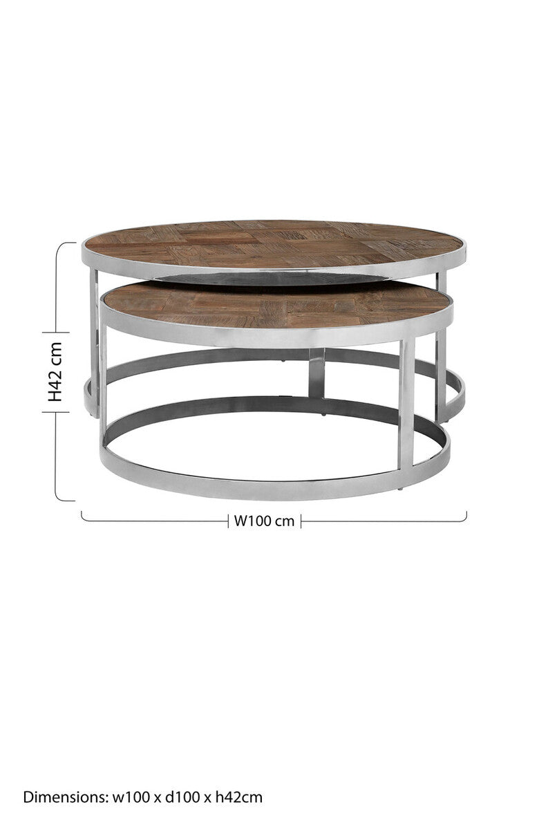 Brown Parquet Elm Wood Top Nest Of 2 Tables With Stainless Steel Frames, Mitra