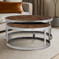 Brown Parquet Elm Wood Top Nest Of 2 Tables With Stainless Steel Frames, Mitra