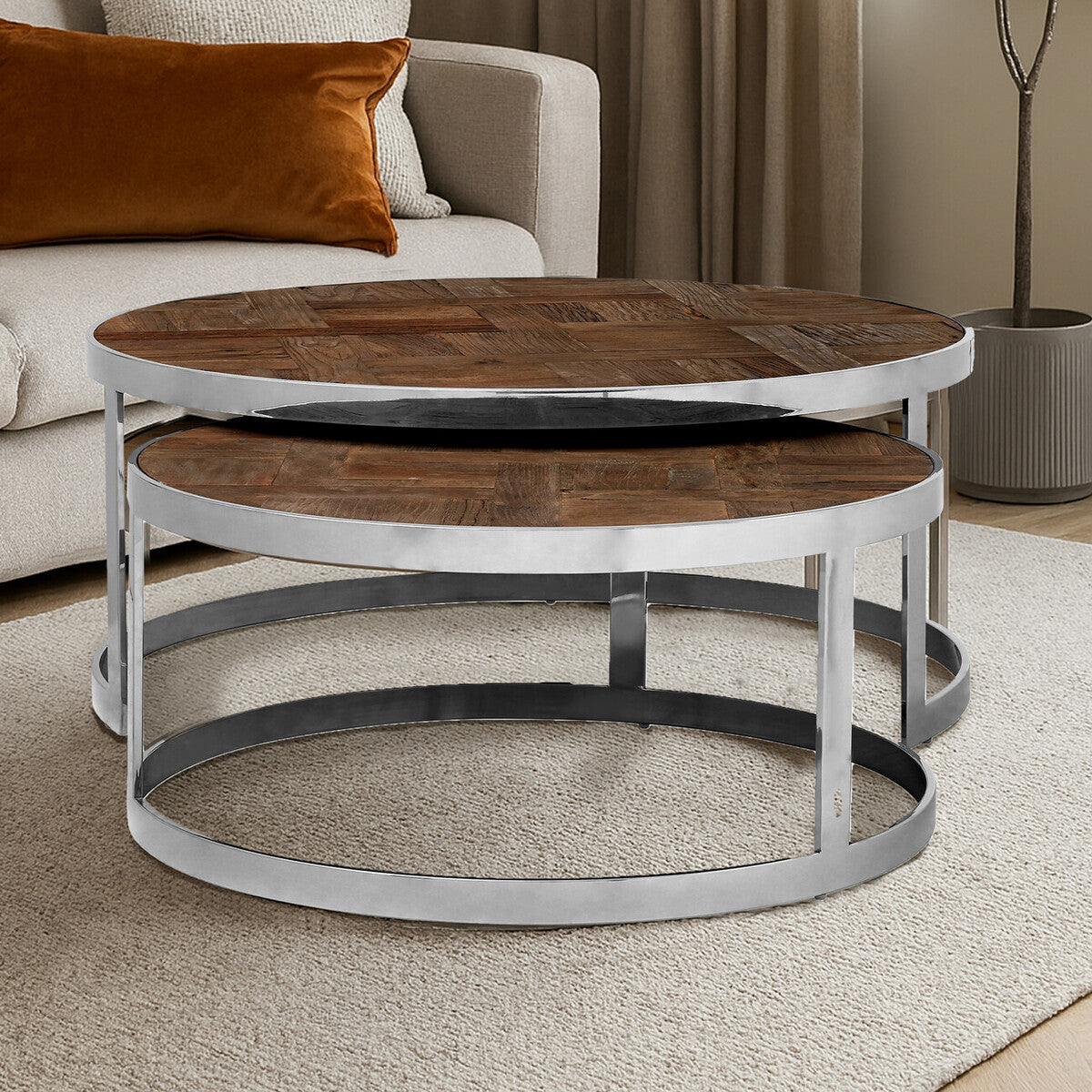 Brown Parquet Elm Wood Top Nest Of 2 Tables With Stainless Steel Frames, Mitra