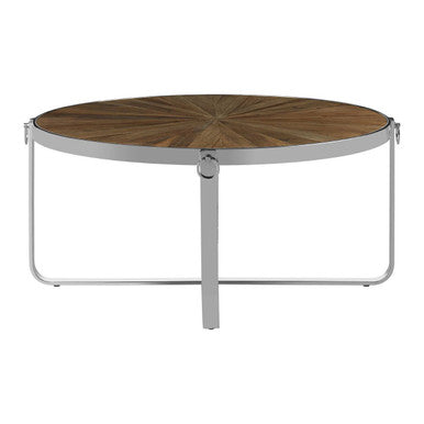 Natural Elm Wood Top Carousel Wedge Coffee Table With Silver Stainless Steel Base, Mitra