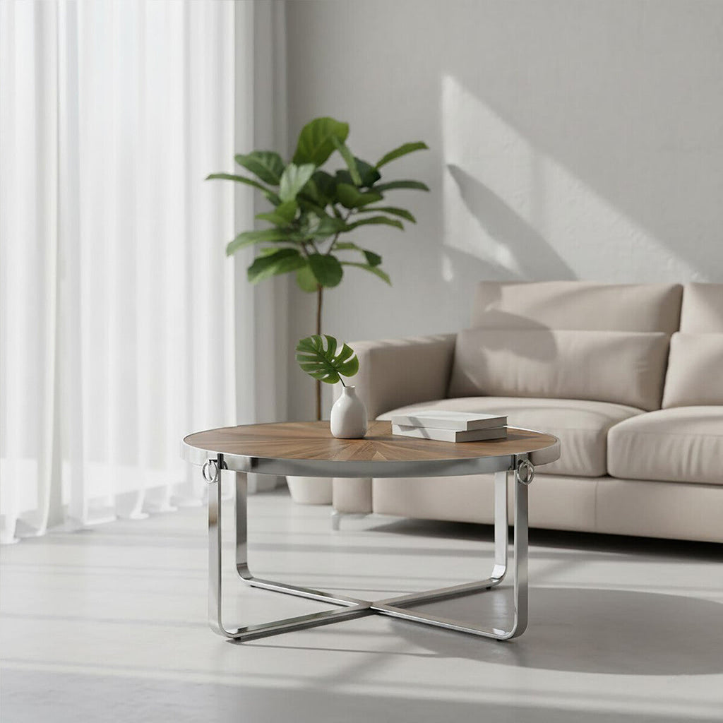 Natural Elm Wood Top Carousel Wedge Coffee Table With Silver Stainless Steel Base, Mitra