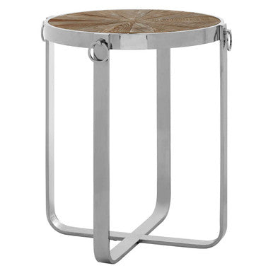Natural Elm Wood Side Table With Silver Stainless Steel Cross Base, Mitra