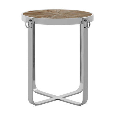 Natural Elm Wood Side Table With Silver Stainless Steel Cross Base, Mitra
