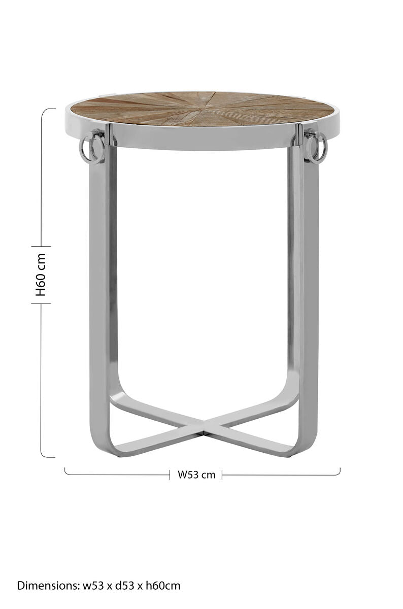Natural Elm Wood Side Table With Silver Stainless Steel Cross Base, Mitra