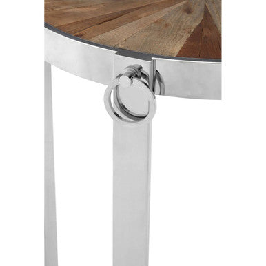 Natural Elm Wood Side Table With Silver Stainless Steel Cross Base, Mitra
