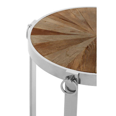 Natural Elm Wood Side Table With Silver Stainless Steel Cross Base, Mitra