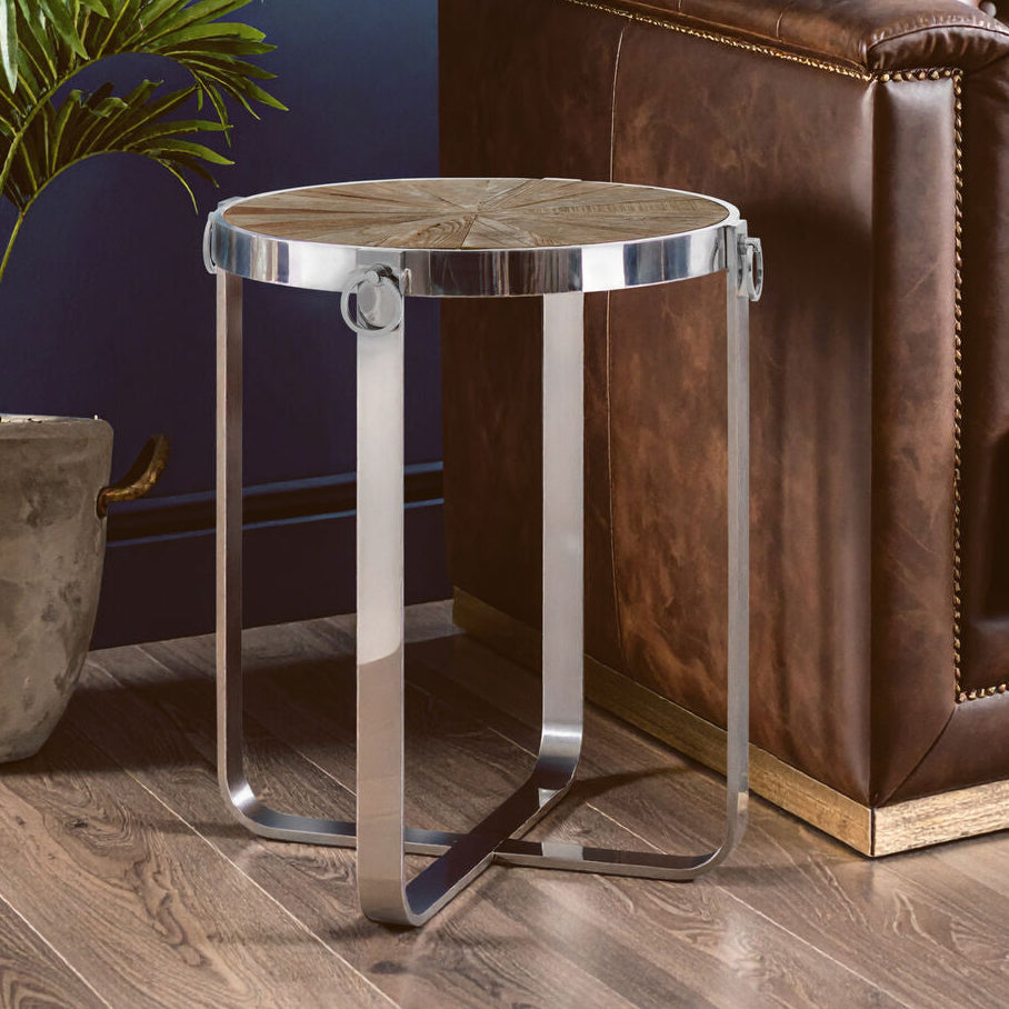 Natural Elm Wood Side Table With Silver Stainless Steel Cross Base, Mitra
