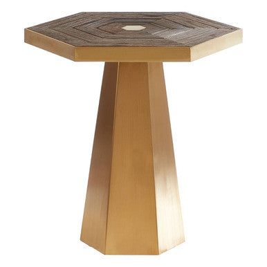 Gold & Natural Small Hexagon End Table With Grooved Elm Wood Top, Titan