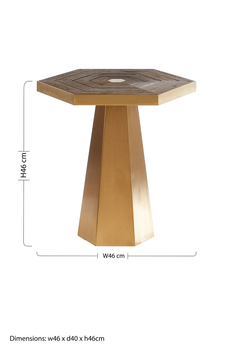 Gold & Natural Small Hexagon End Table With Grooved Elm Wood Top, Titan