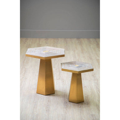 Gold & Natural Small Hexagon End Table With Grooved Elm Wood Top, Titan