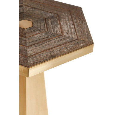 Gold & Natural Small Hexagon End Table With Grooved Elm Wood Top, Titan