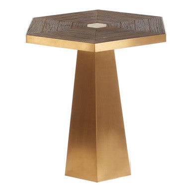 Gold & Natural Large Hexagon End Table With Grooved Elm Wood Top, Titan