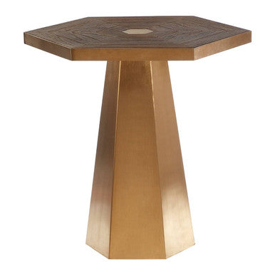 Gold & Natural Large Hexagon End Table With Grooved Elm Wood Top, Titan