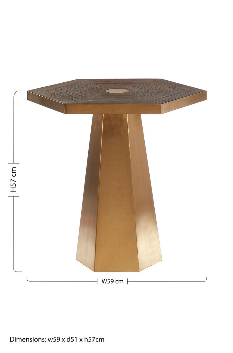 Gold & Natural Large Hexagon End Table With Grooved Elm Wood Top, Titan