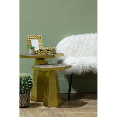 Gold & Natural Large Hexagon End Table With Grooved Elm Wood Top, Titan