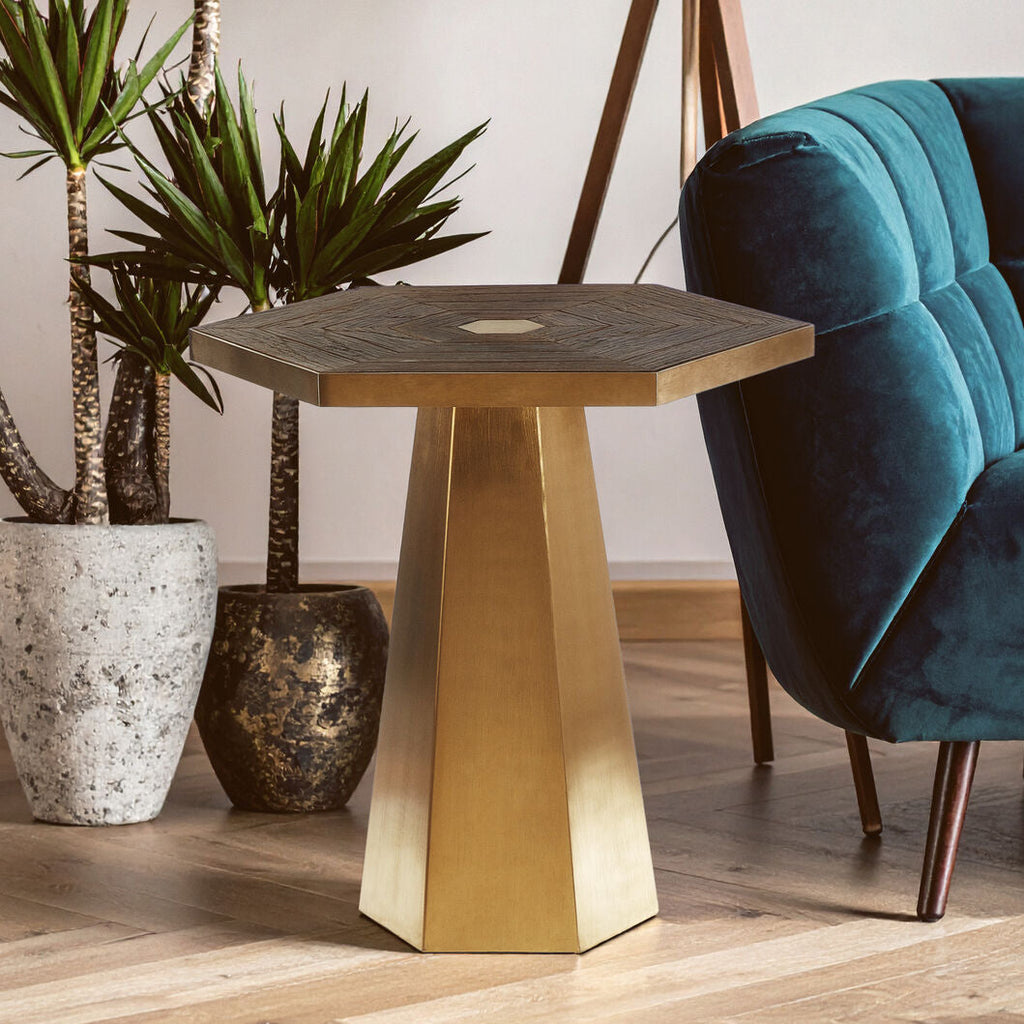 Gold & Natural Small Hexagon End Table With Grooved Elm Wood Top, Titan