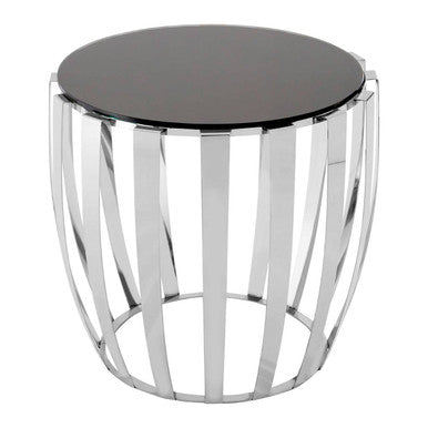 Black Tempered Glass Top Side Table With Curving Silver Stainless Steel Frame, Yasmin