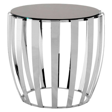 Black Tempered Glass Top Side Table With Curving Silver Stainless Steel Frame, Yasmin