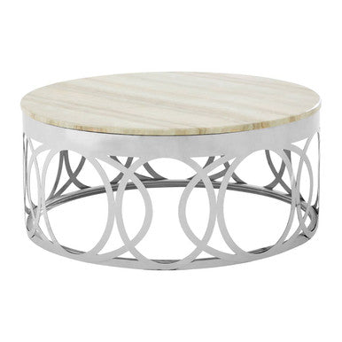 White Marble Top Coffee Table With Silver Stainless Steel Circular Base, Yasmin