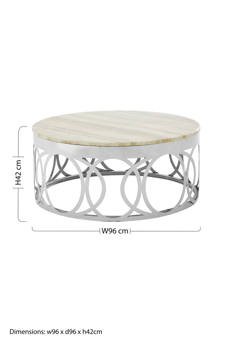 White Marble Top Coffee Table With Silver Stainless Steel Circular Base, Yasmin