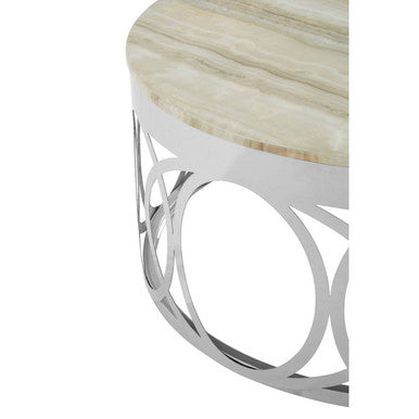 White Marble Top Coffee Table With Silver Stainless Steel Circular Base, Yasmin