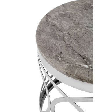 White Marble Top Contemporary Side Table With Reflective Stainless Steel Base, Yasmin