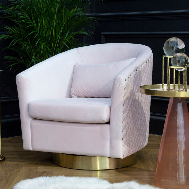 Plazoni Pink Velvet Swivel Chair With Gold Base
