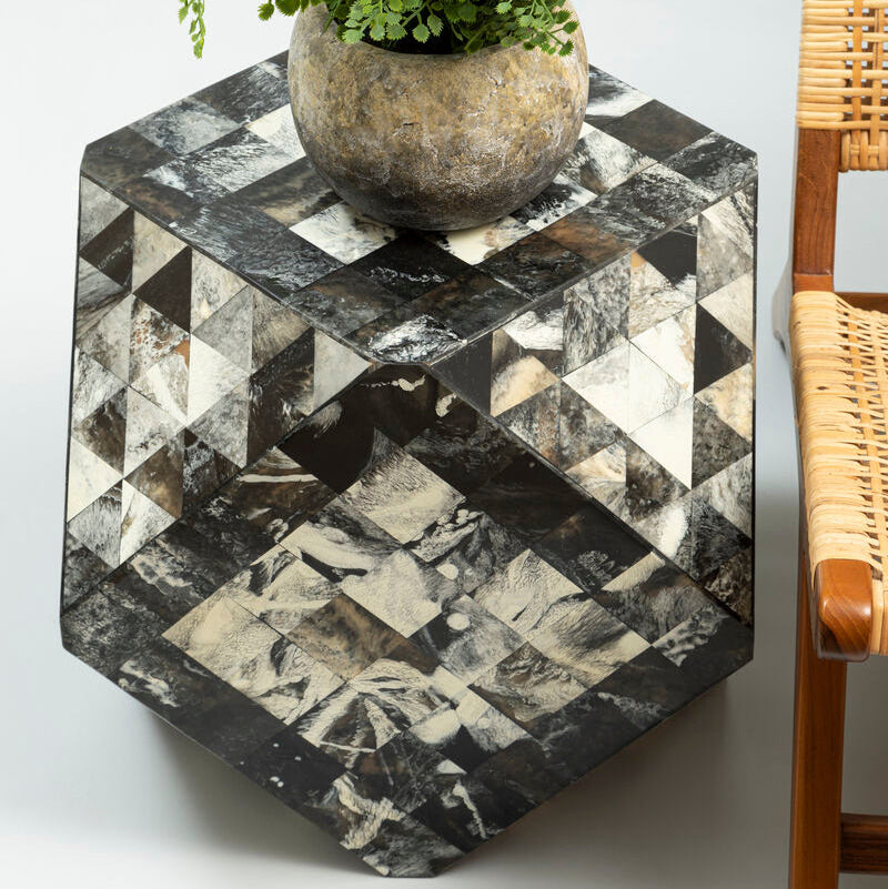 Green & Cream Resin Tile Geometric Side Table With Hexagonal Design, Marlox
