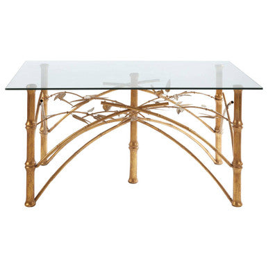 Gold Clear Tempered Glass Top Table With Bamboo Design Metal Legs, Zariah