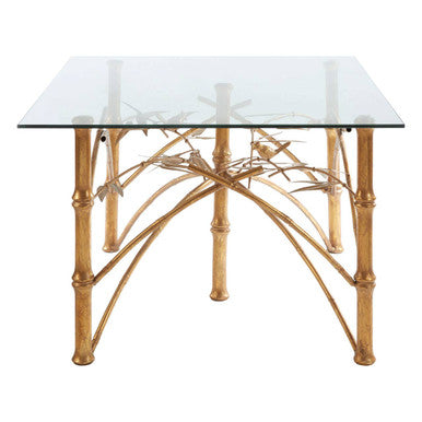 Gold Clear Tempered Glass Top Table With Bamboo Design Metal Legs, Zariah